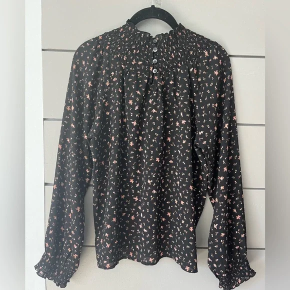 Madewell‎ Black Floral Smocked-Neck Ruffle Top in Stem Scatter size M NWT - Picture 4 of 11